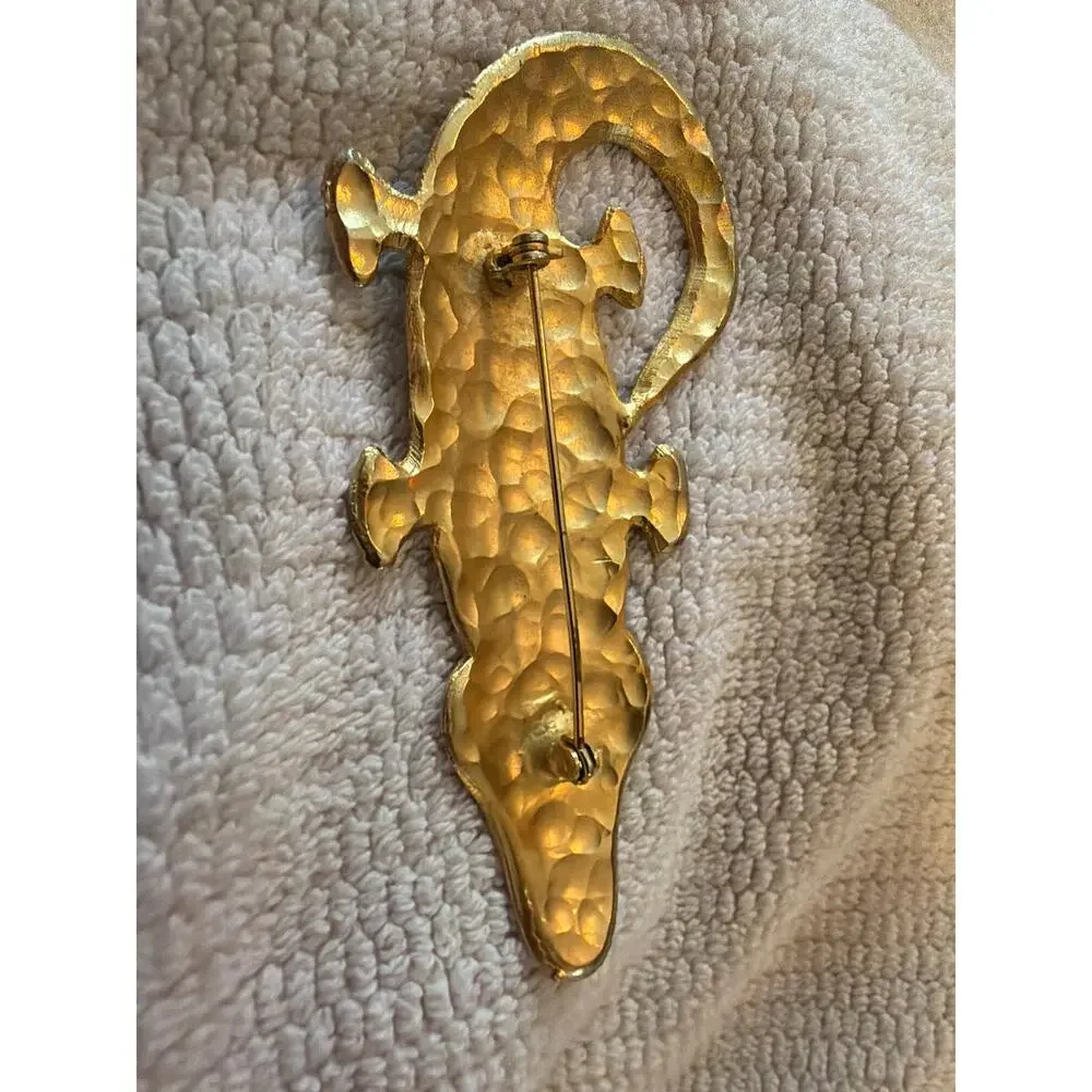 Vintage Hand Hammered Brass Crocodile Brooch Pin Large 4
